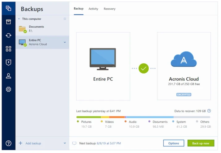 หน้าจอ Acronis Backup
